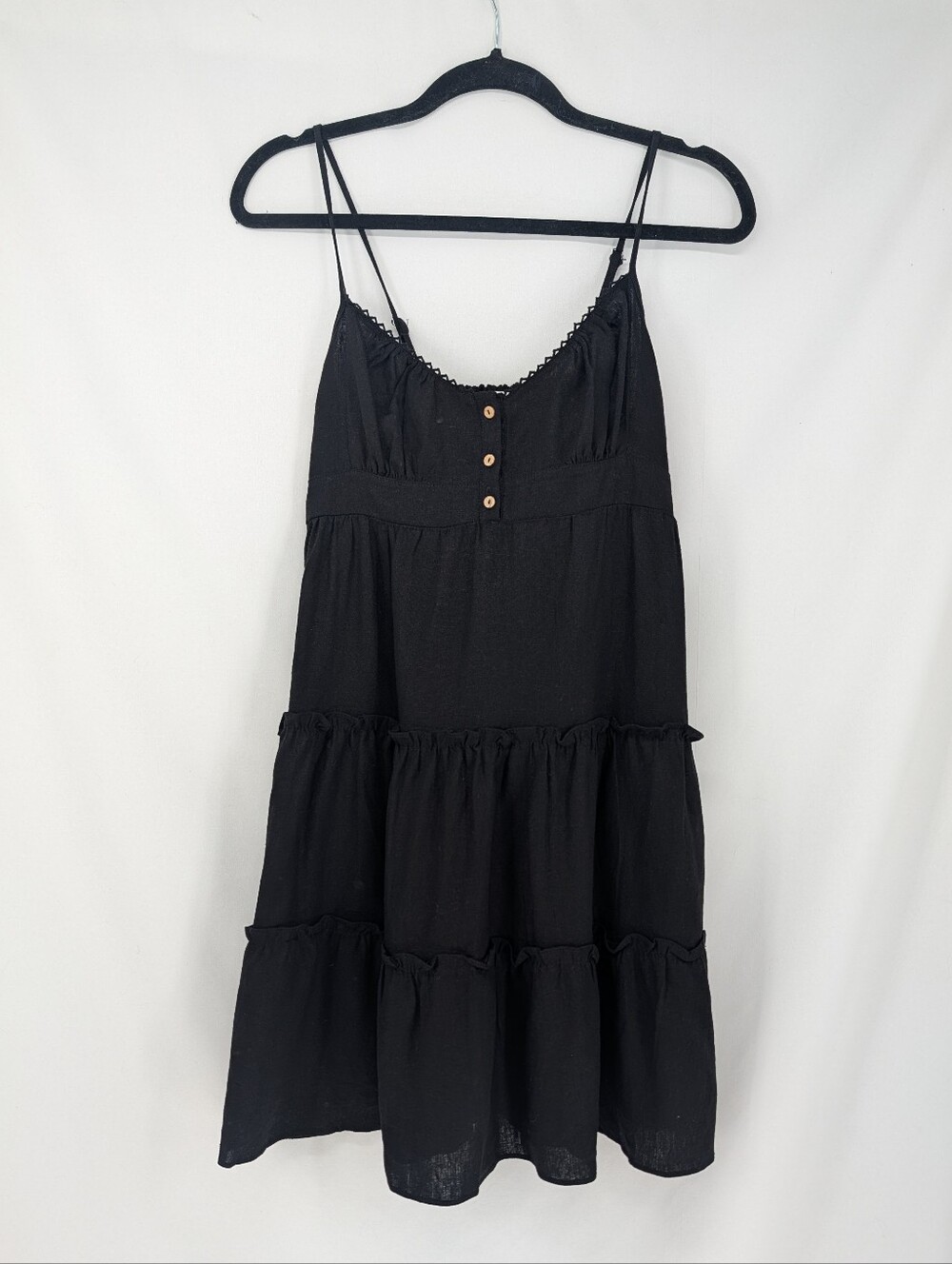 3/$20 Love Tree Linen Blend Smocked Tiered Babydoll Mini Dress Black Small